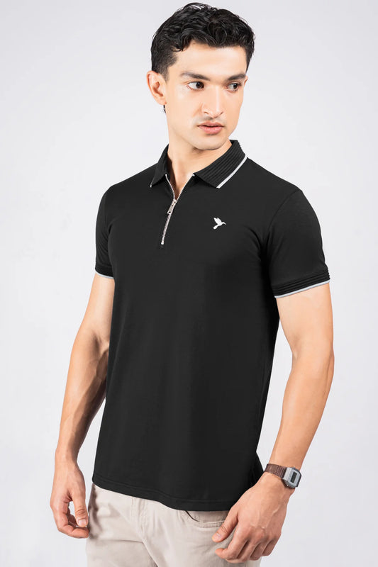 Cotton Zip Neck Polo Shirt Black