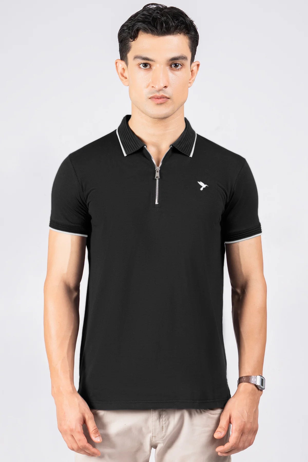 Cotton Zip Neck Polo Shirt Black