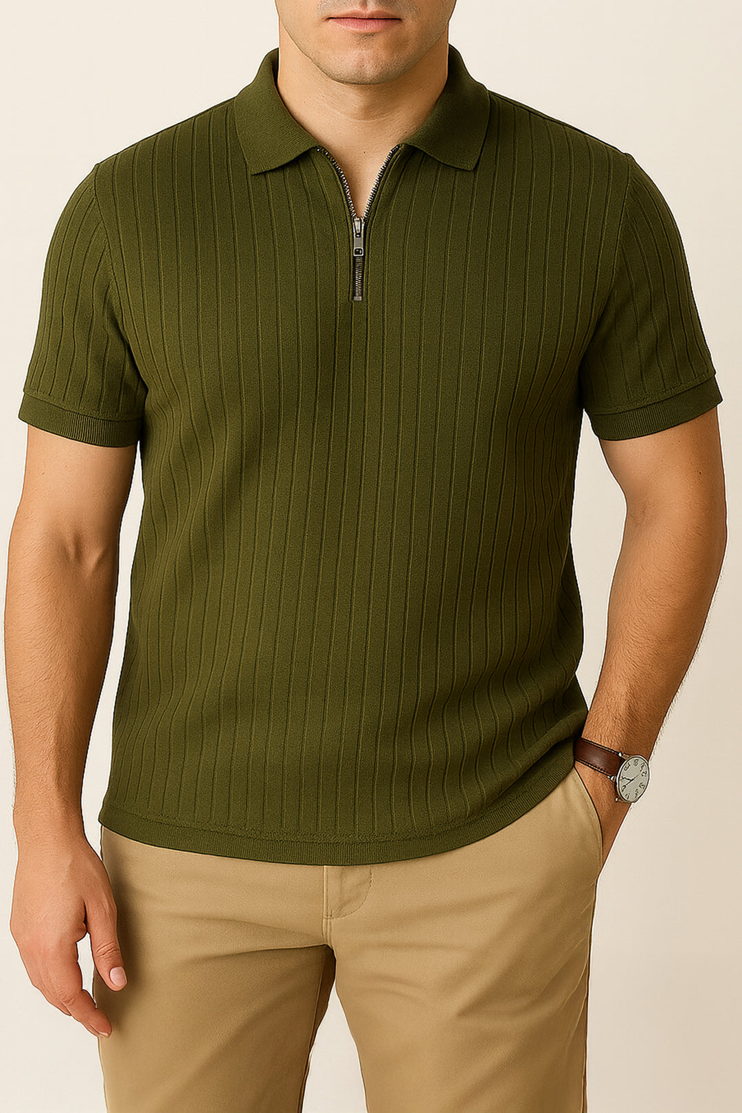 Textured Knitted Zipper Polo - Green