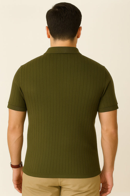 Textured Knitted Zipper Polo - Green