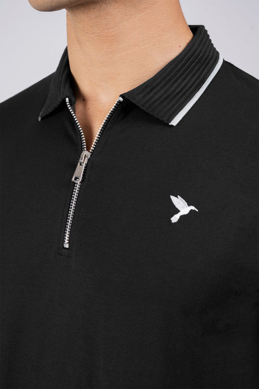 Cotton Zip Neck Polo Shirt Black