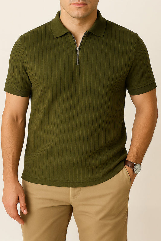 Textured Knitted Zipper Polo - Green